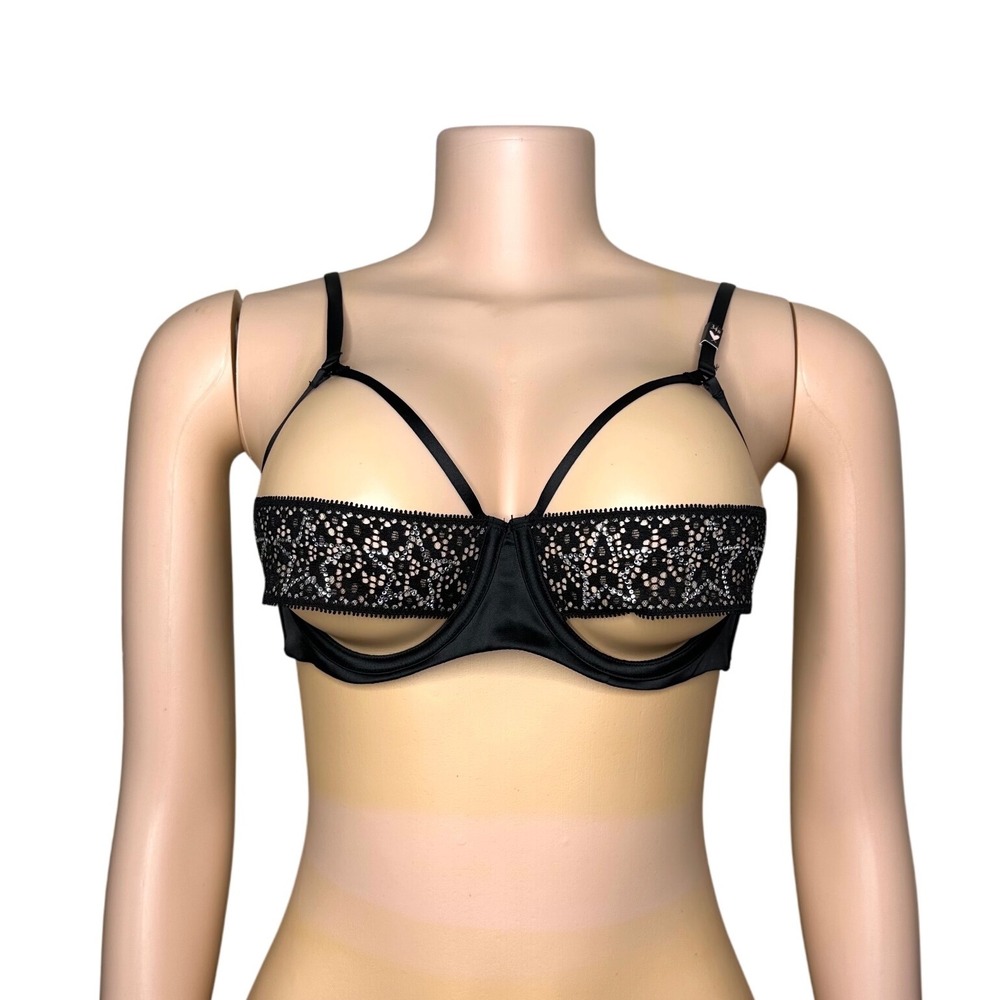 Victoria's Secret Luxe Strappy Star Embellished Balconet Bra Size 34B Black